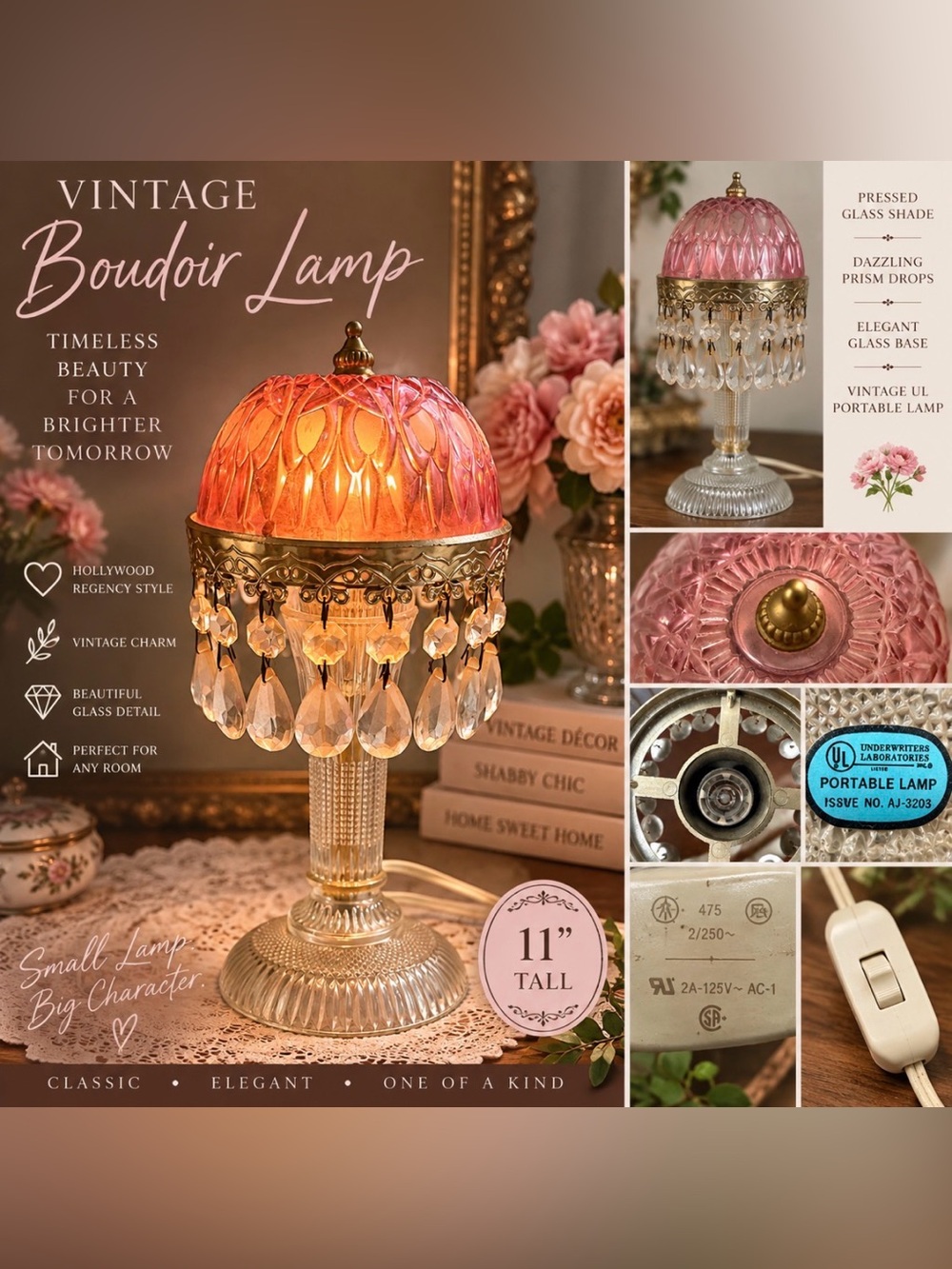 Vintage Pink Glass Boudoir Lamp Crystal Prisms Hollywood Regency 11” Table Lamp